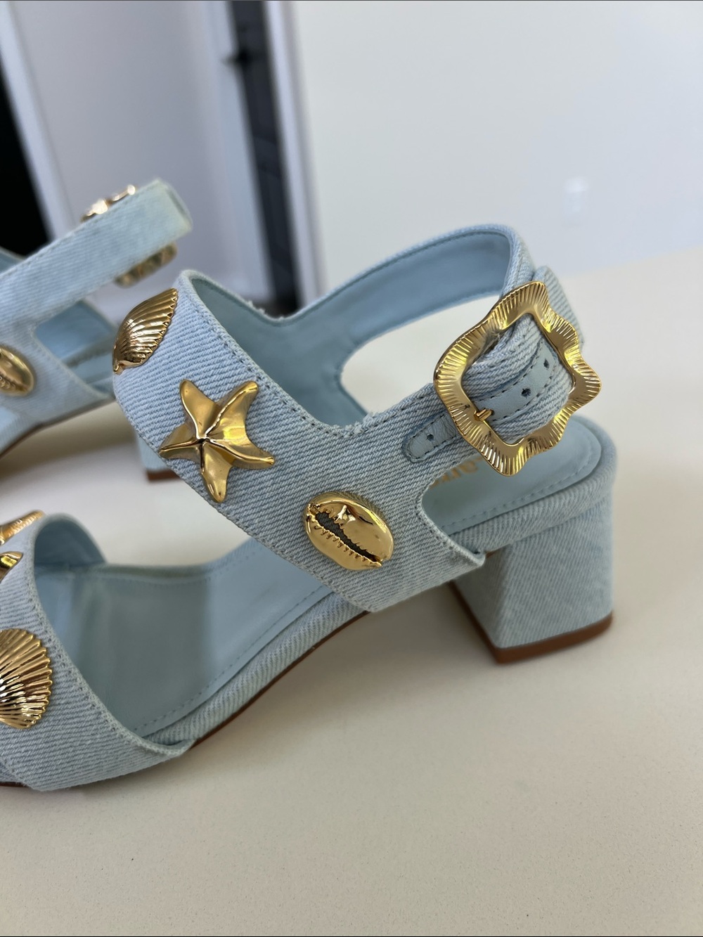 Larroude madison block light blue denim maya heels open toe sandals gold 6 - Picture 16 of 16